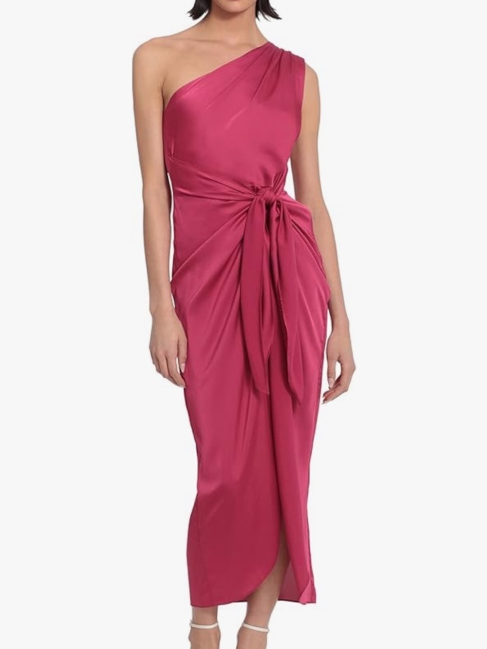 Donna Morgan Dress One Shoulder Faux Wrap Light Charmeuse Maxi with Tie Waist